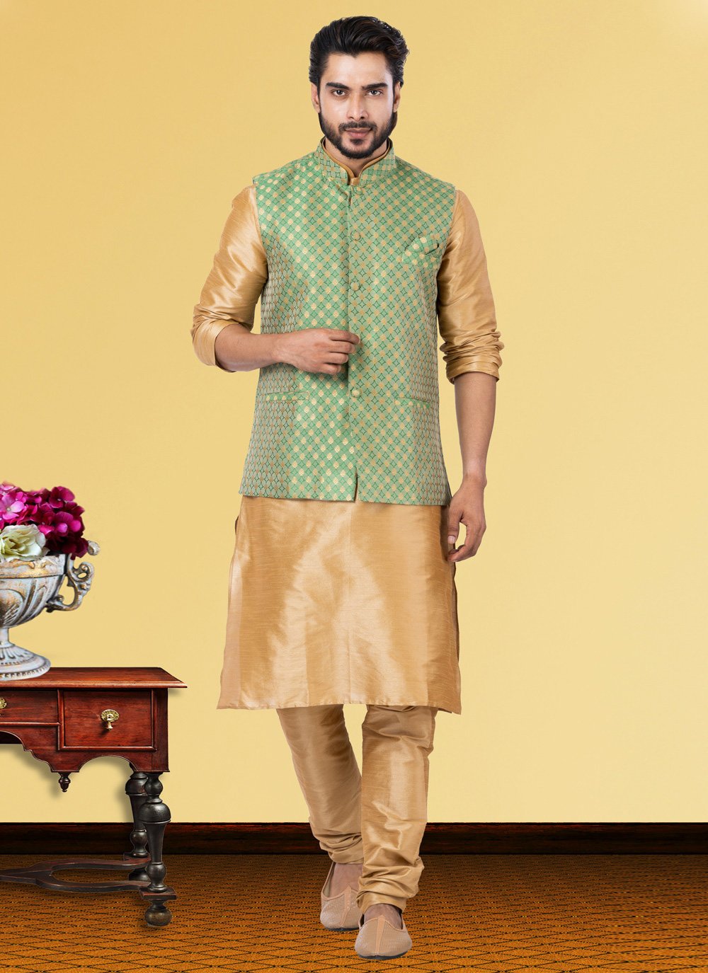 Kurta Payjama With Jacket Dupion Silk Beige Green Jacquard Work Mens