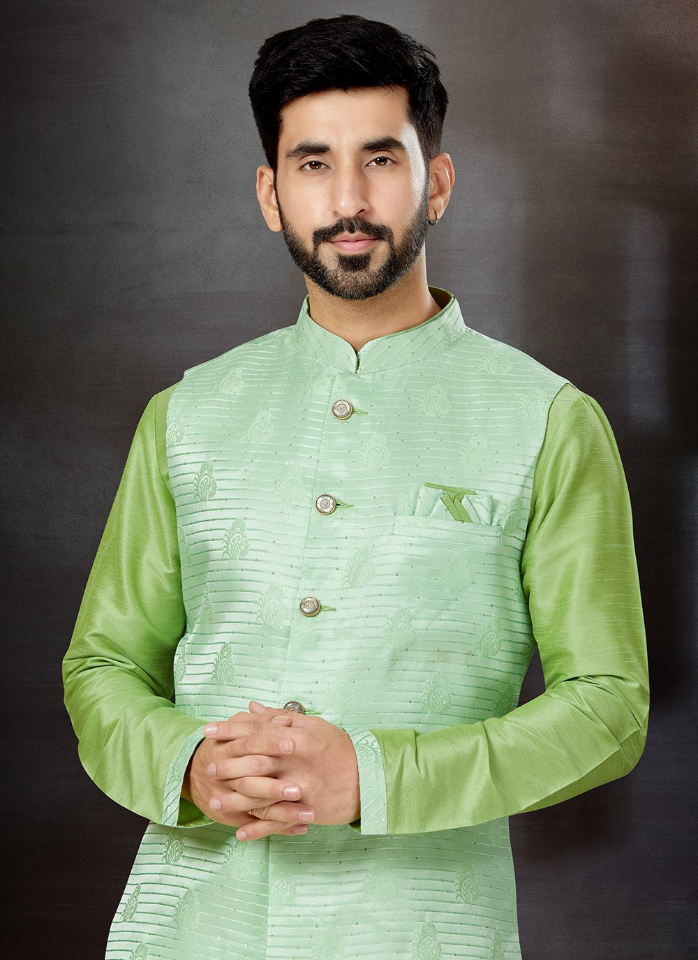 Kurta Payjama With Jacket Dupion Silk Jacquard Green Sea Green Embroidered Mens