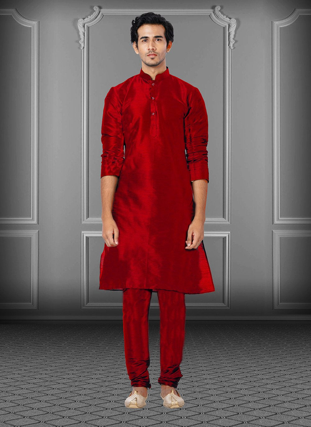 Kurta Pyjama Dupion Silk Maroon Plain Mens