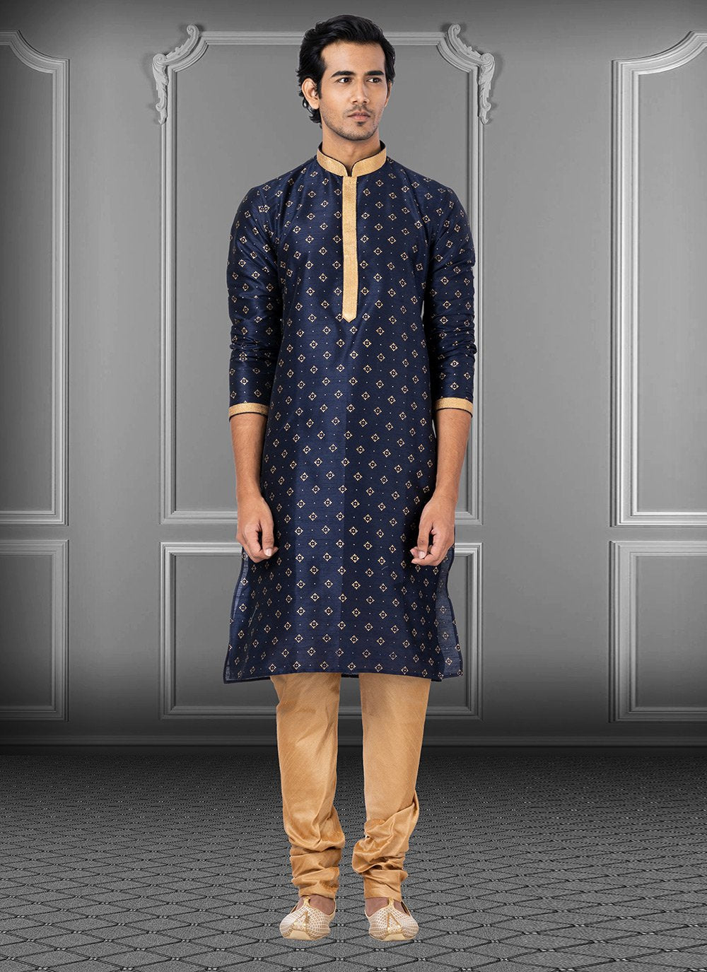 Kurta Pyjama Dupion Silk Blue Print Mens