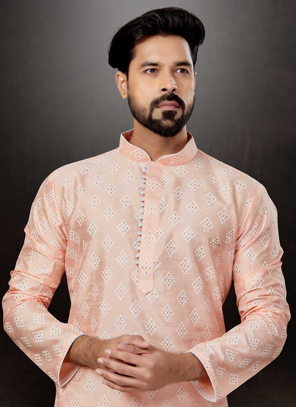 Kurta Pyjama Dupion Silk Pink Print Mens