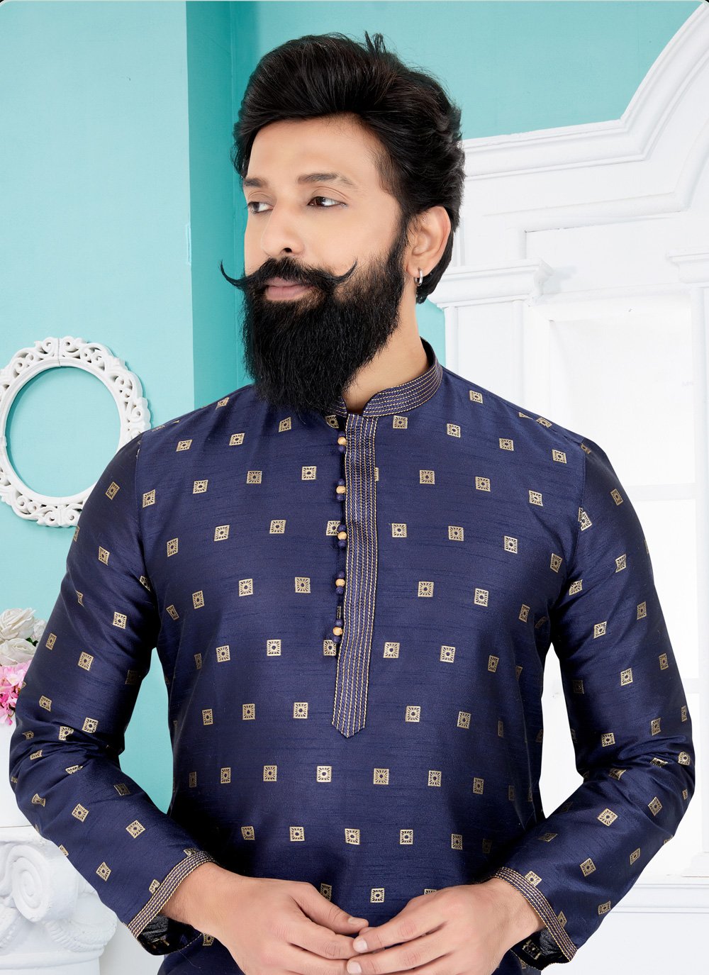 Kurta Pyjama Dupion Silk Jacquard Blue Jacquard Work Mens