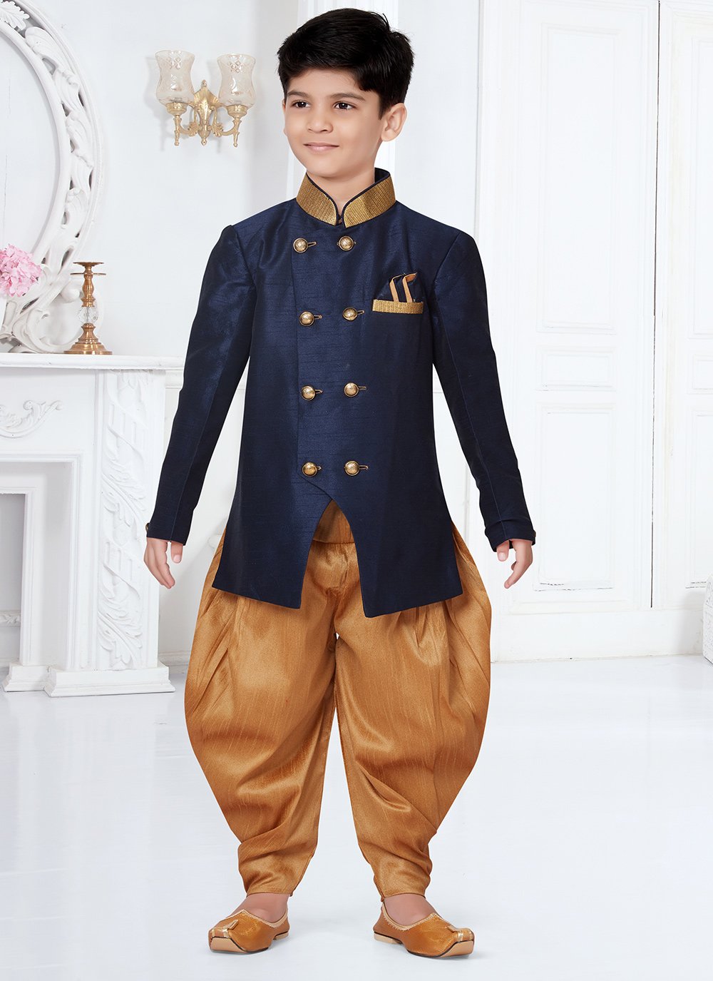 Indo Western Sherwani Dupion Silk Blue Lace Kids