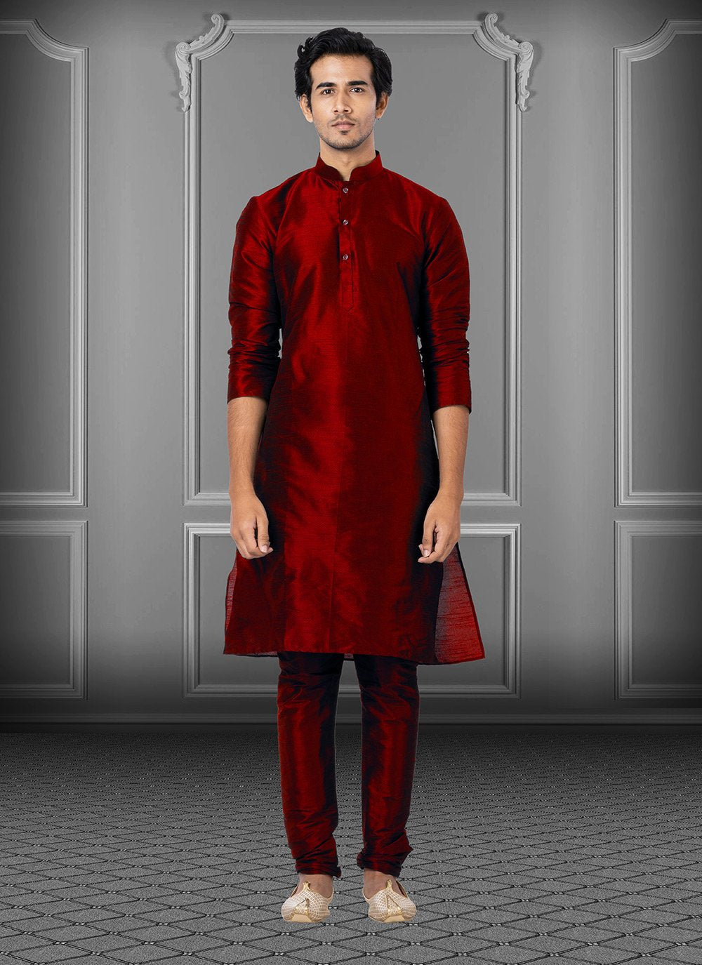 Kurta Pyjama Dupion Silk Maroon Plain Mens