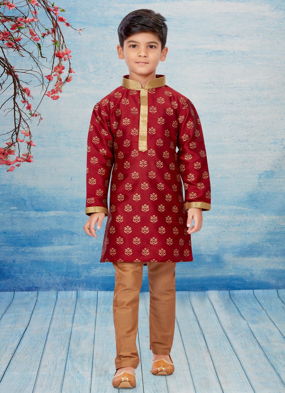 Kurta Pyjama Dupion Silk Maroon Print Kids