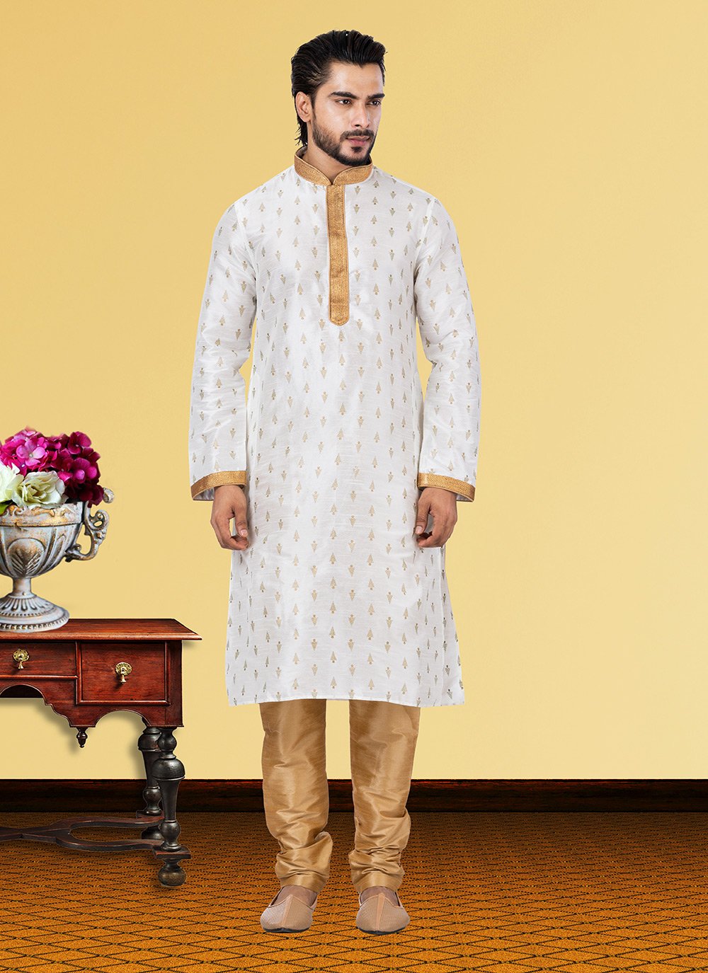 Kurta Pyjama Dupion Silk Off White Print Mens