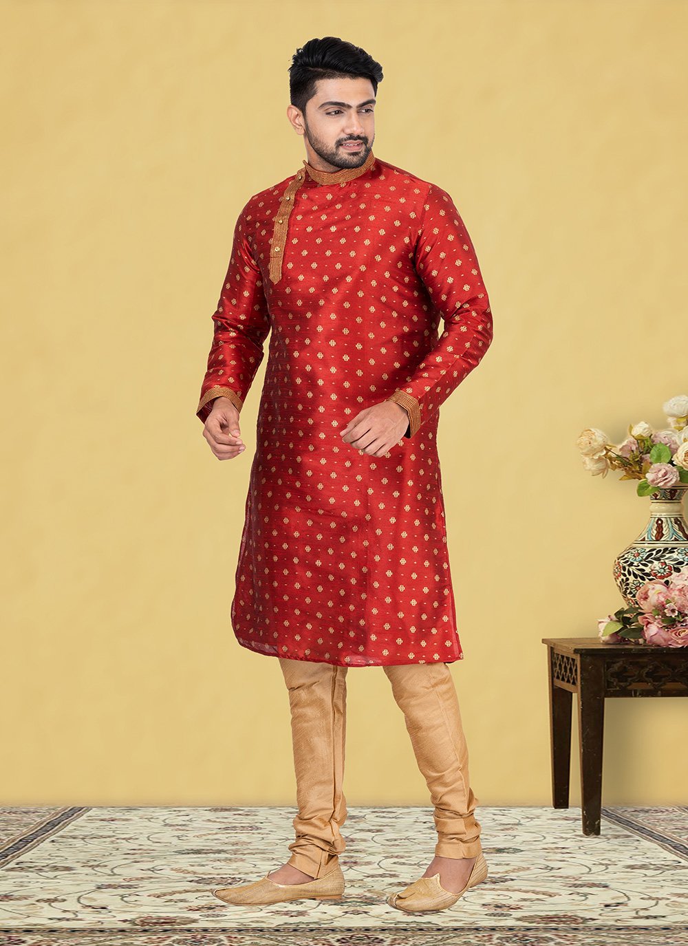 Kurta Pyjama Dupion Silk Red Fancy Work Mens