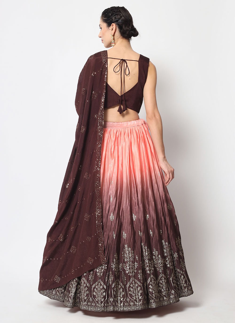 A Line Lehenga Chinon Silk Brown Embroidered Lehenga Choli