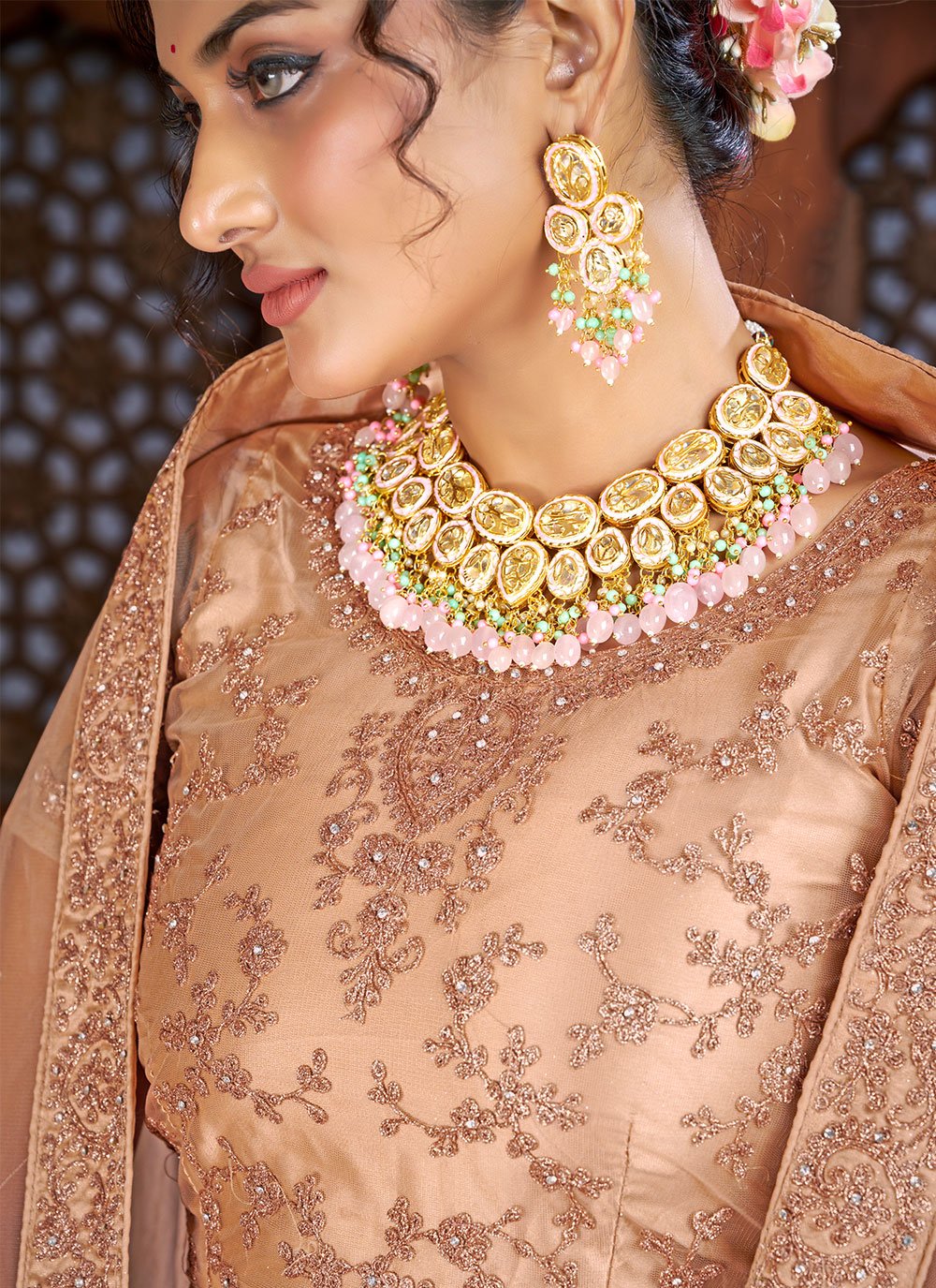 A Line Lehenga Art Silk Net Peach Embroidered Lehenga Choli