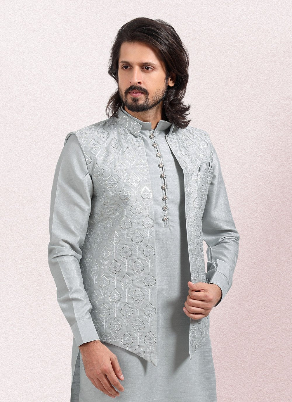 Kurta Payjama With Jacket Art Banarasi Silk Grey Embroidered Mens