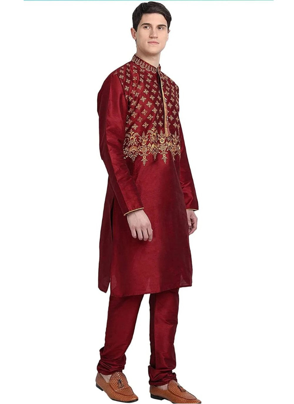 Kurta Pyjama Art Dupion Silk Maroon Embroidered Mens