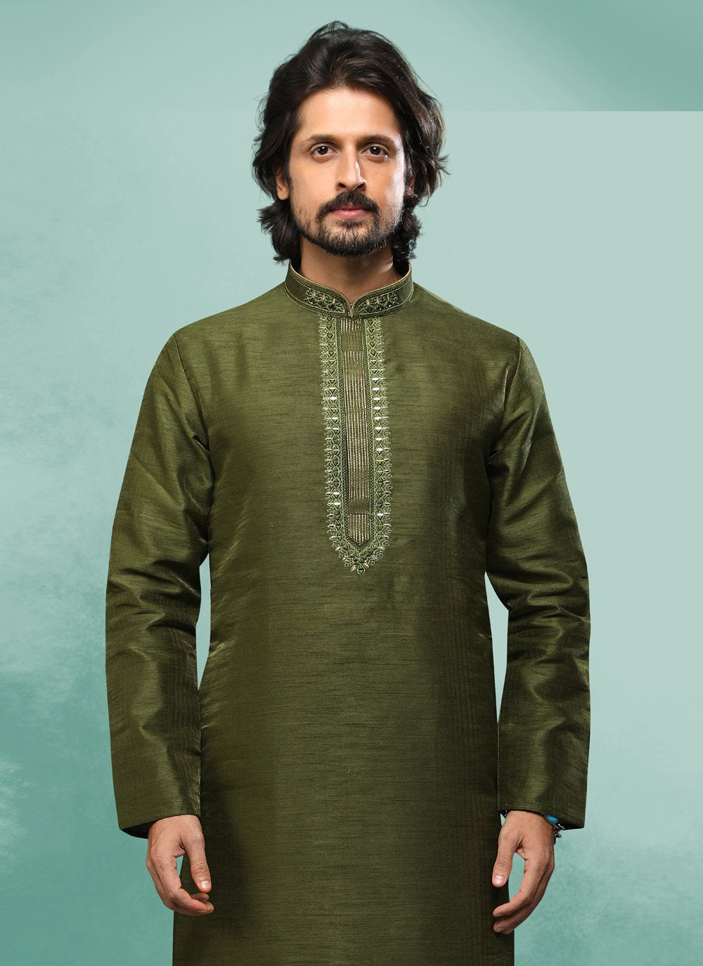 Kurta Pyjama Art Silk Green Embroidered Mens