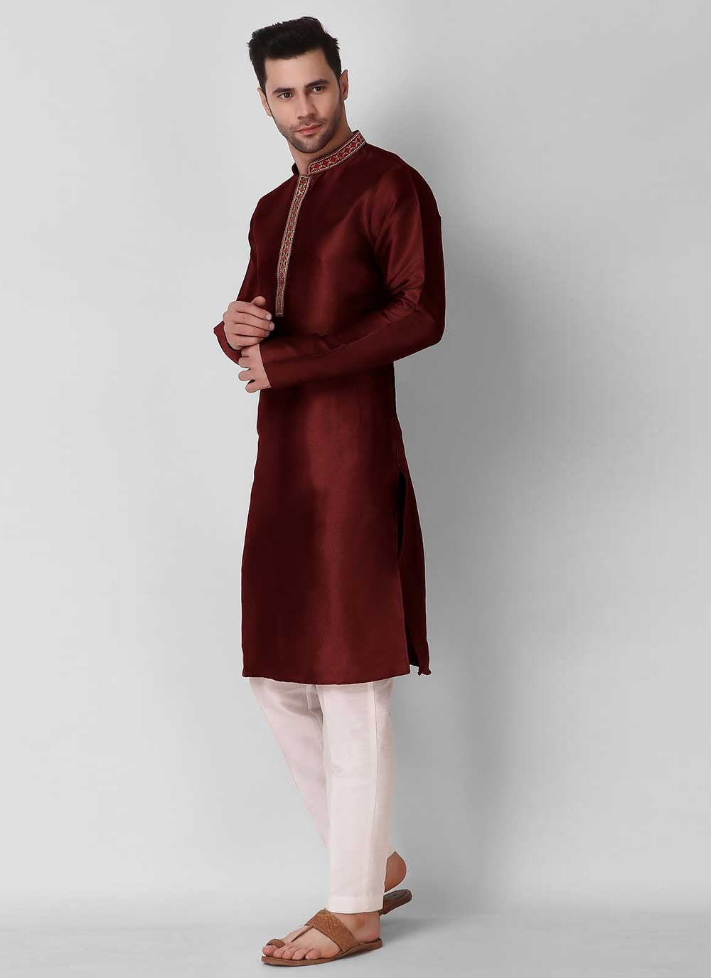 Kurta Pyjama Art Silk Maroon Embroidered Mens