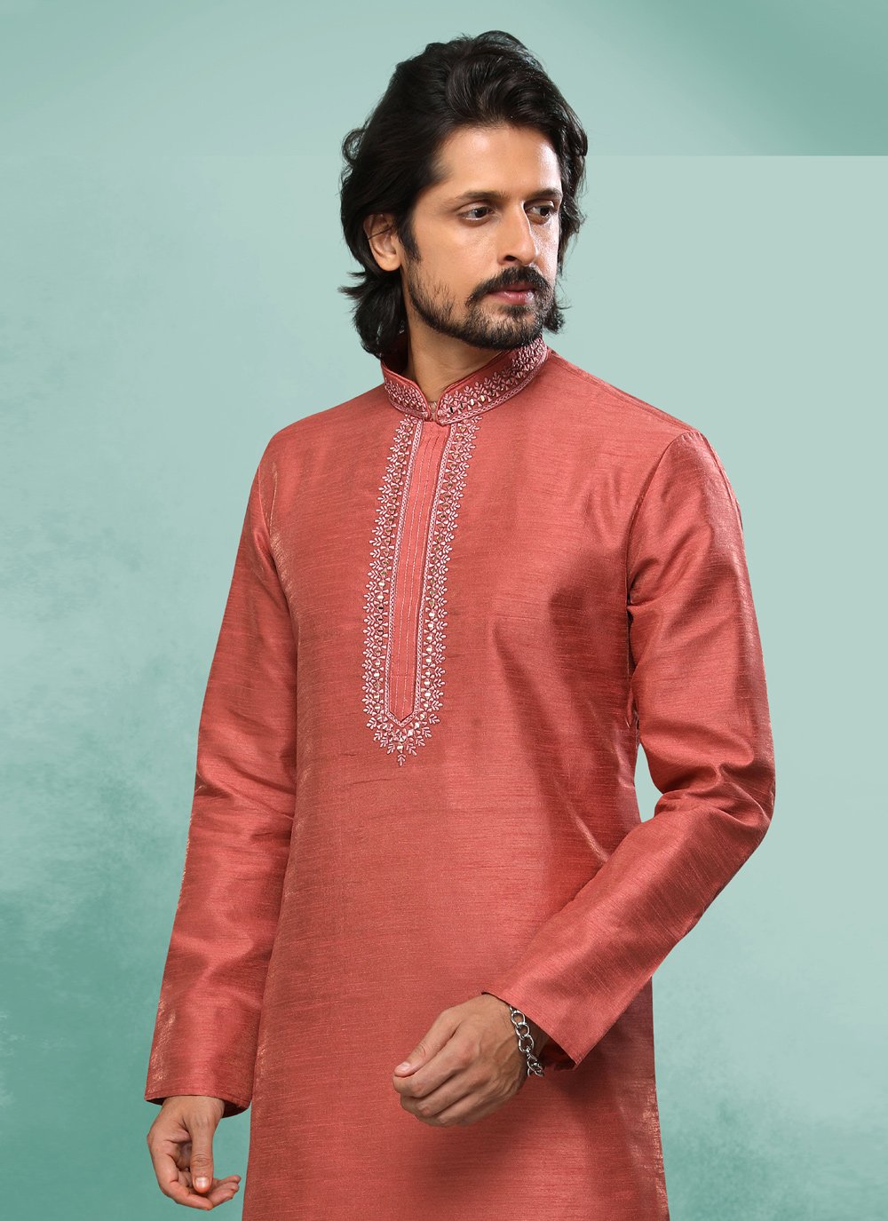 Kurta Pyjama Art Silk Rust Embroidered Mens