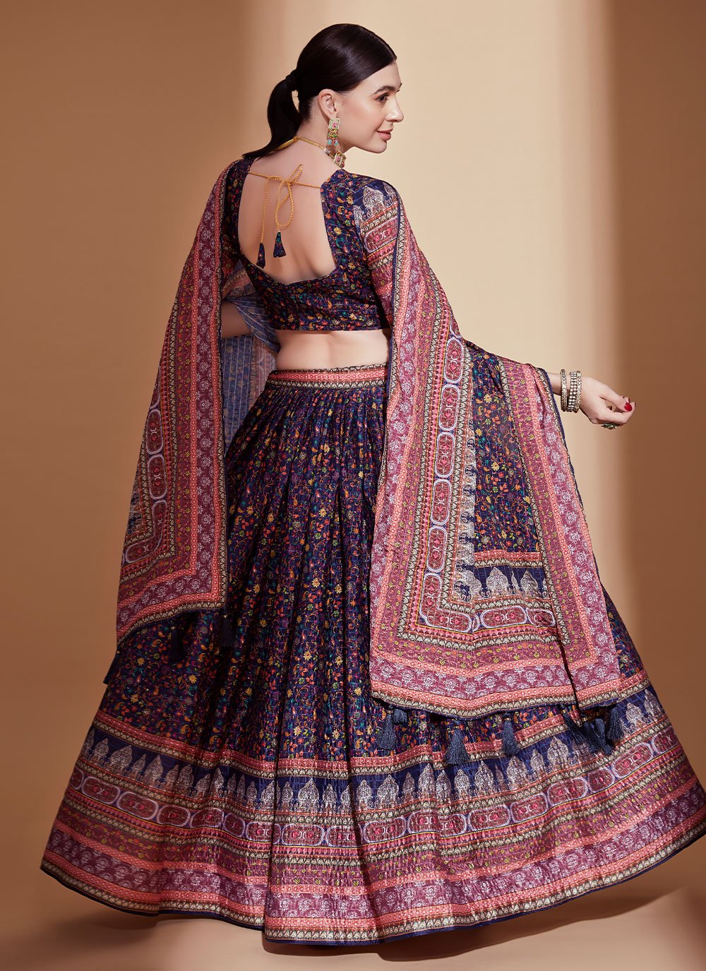 Lehenga Choli Chinon Beige Multi Colour Digital Print Lehenga Choli