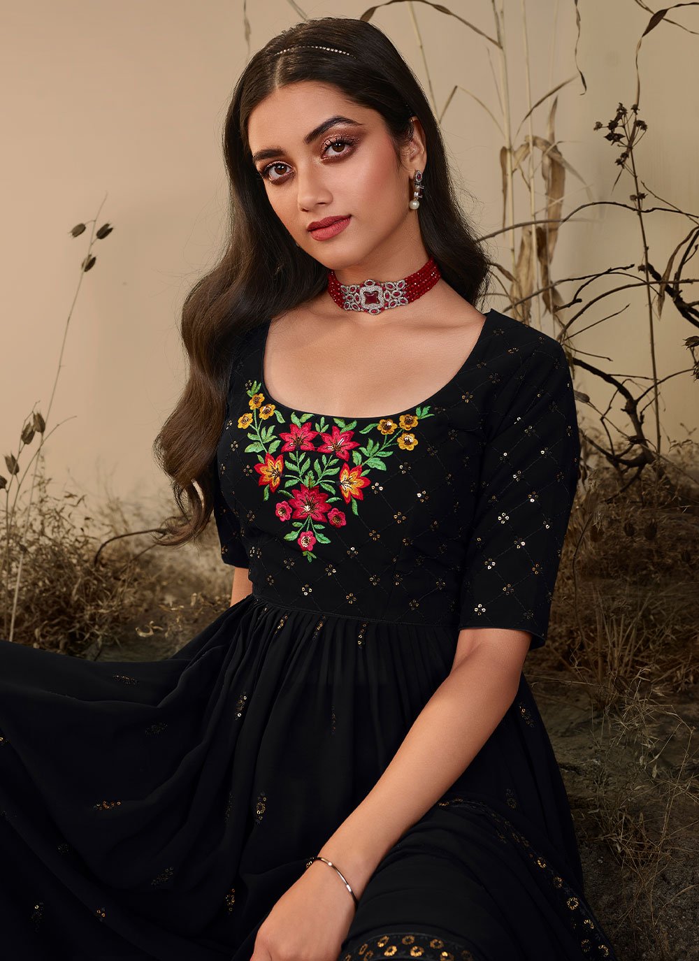 Palazzo Salwar Suit Georgette Black Embroidered Salwar Kameez