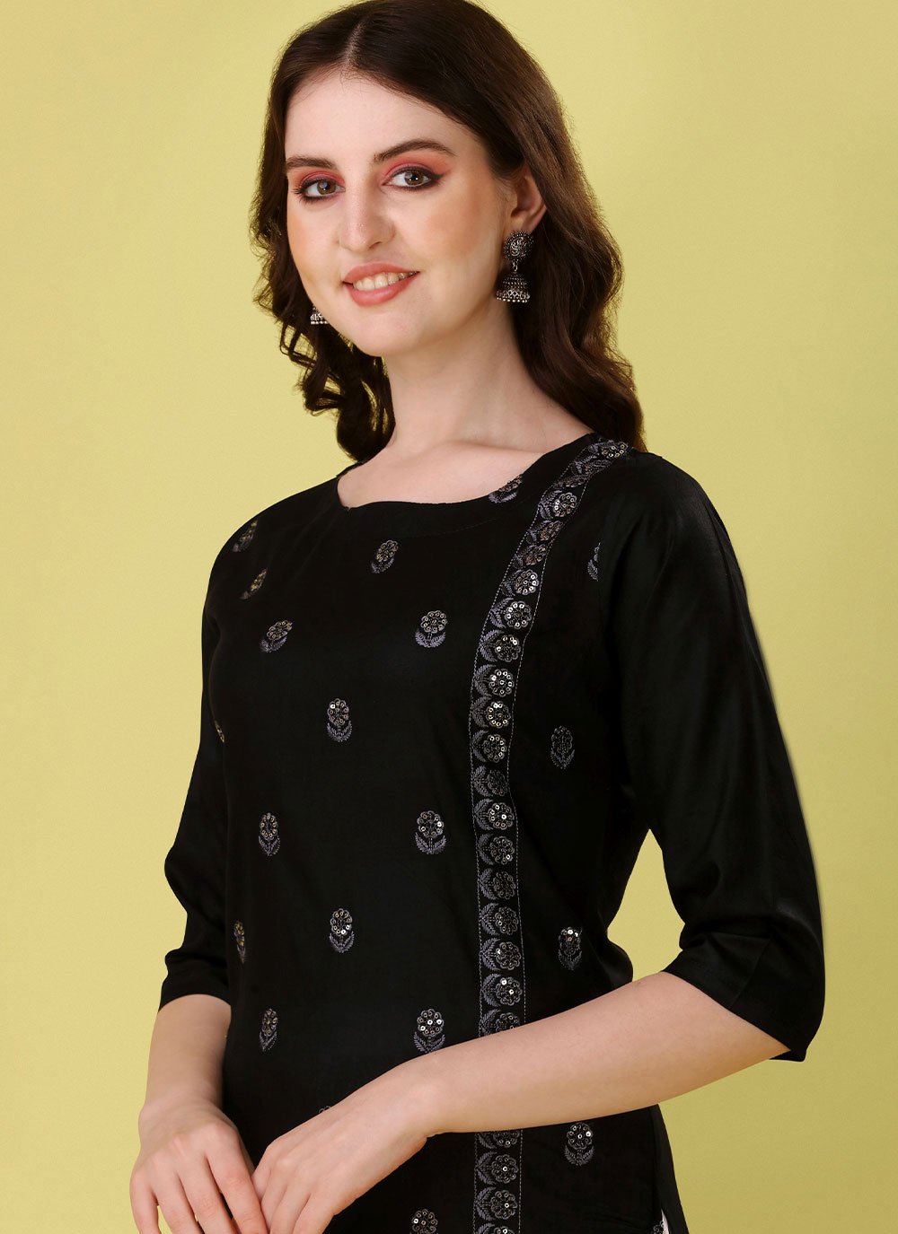 Party Wear Kurti Rayon Black Embroidered Kurtis
