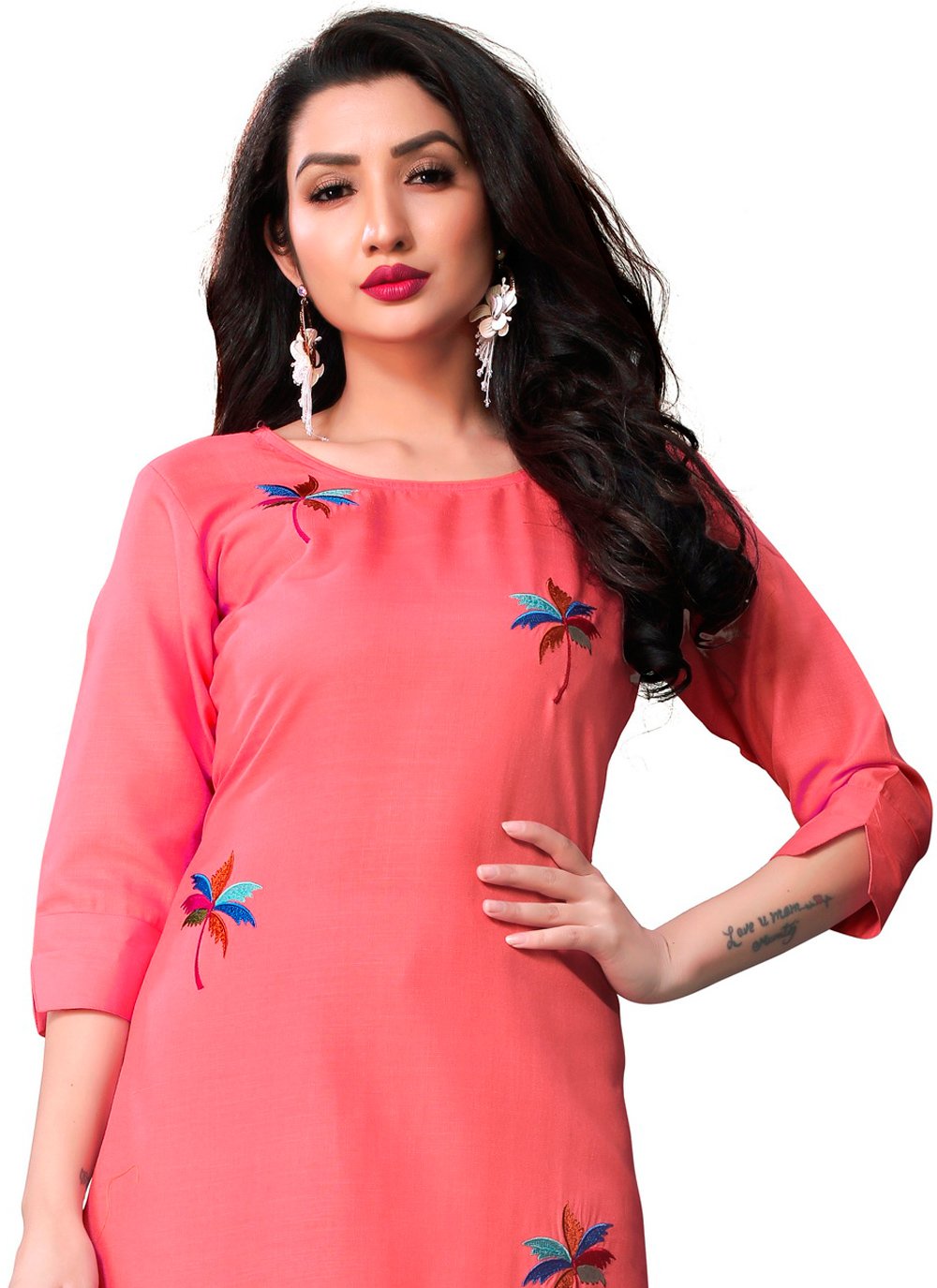 Designer Kurti Blended Cotton Pink Embroidered Kurtis