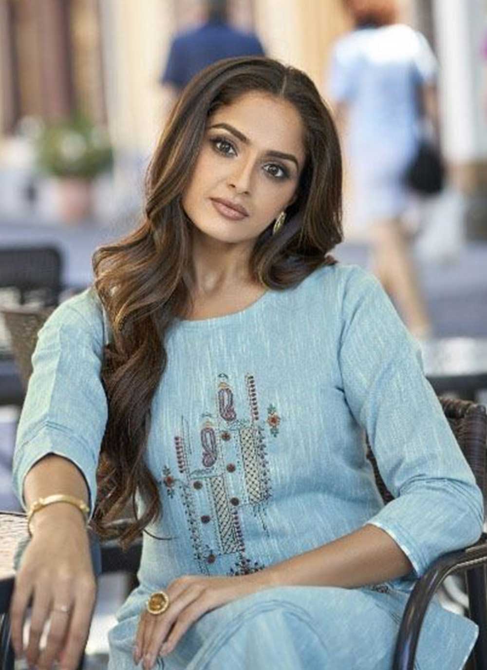 Party Wear Kurti Cotton Khadi Blue Embroidered Kurtis