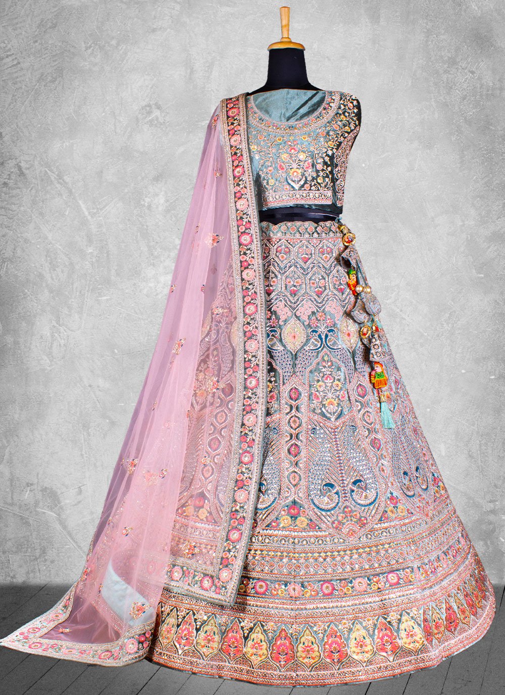 A Line Lehenga Velvet Blue Embroidered Lehenga Choli