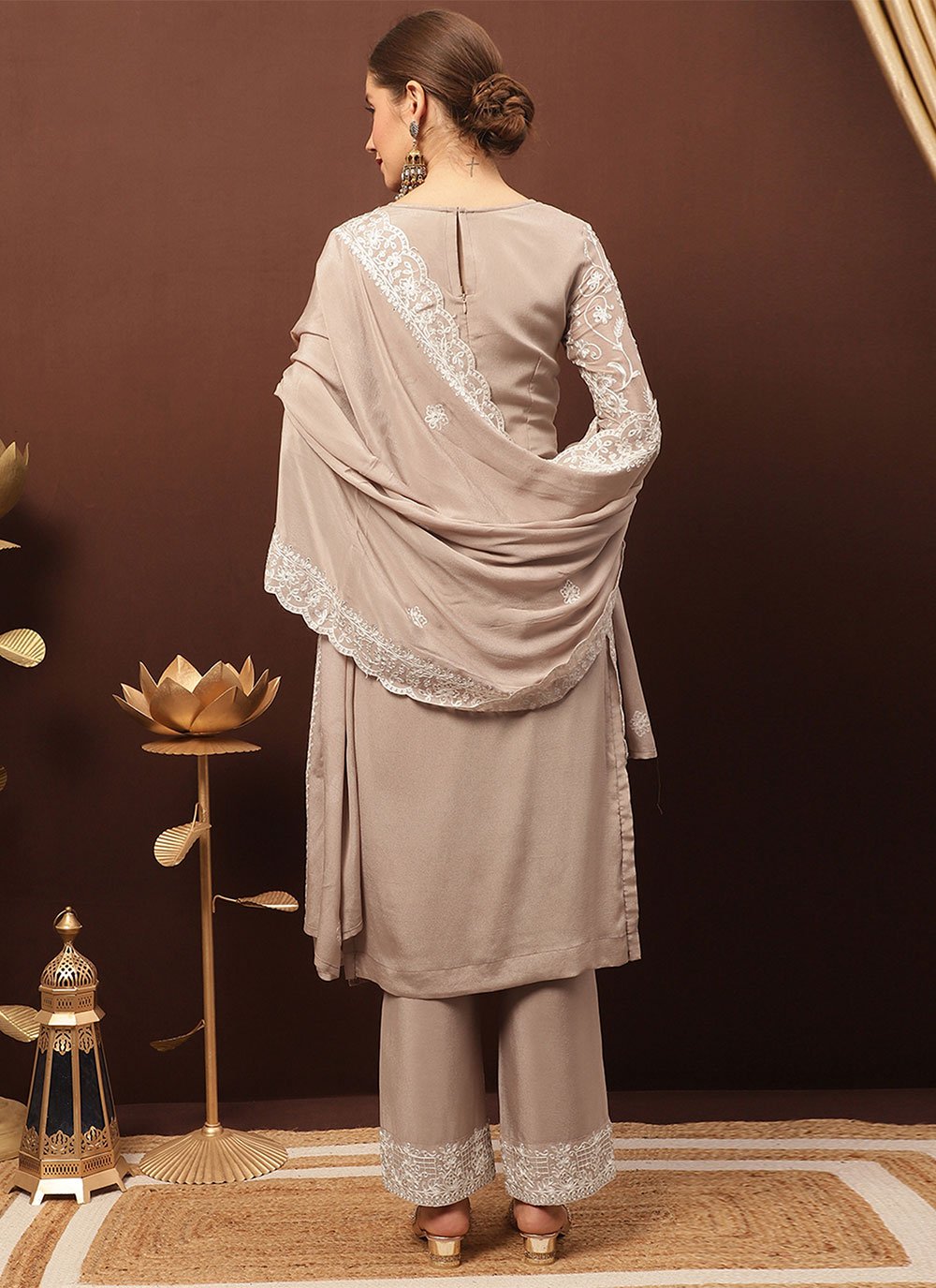 Floor Lenght Salwar Suit Chiffon Chinon Brown Crystals Salwar Kameez