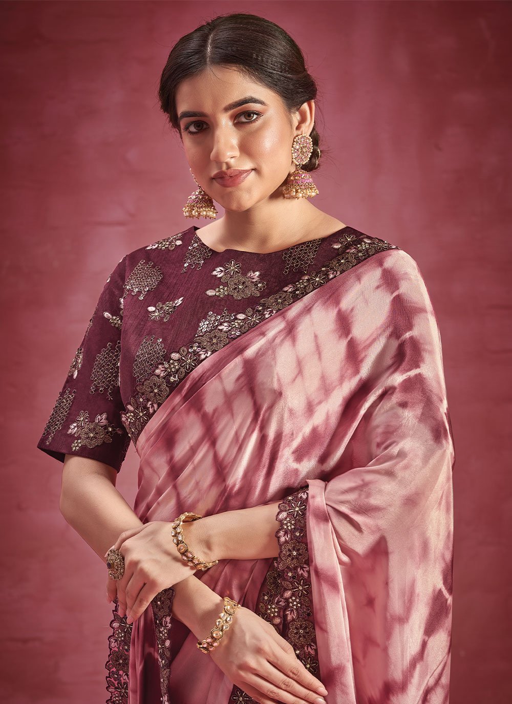 Contemporary Faux Crepe Georgette Purple Embroidered Saree