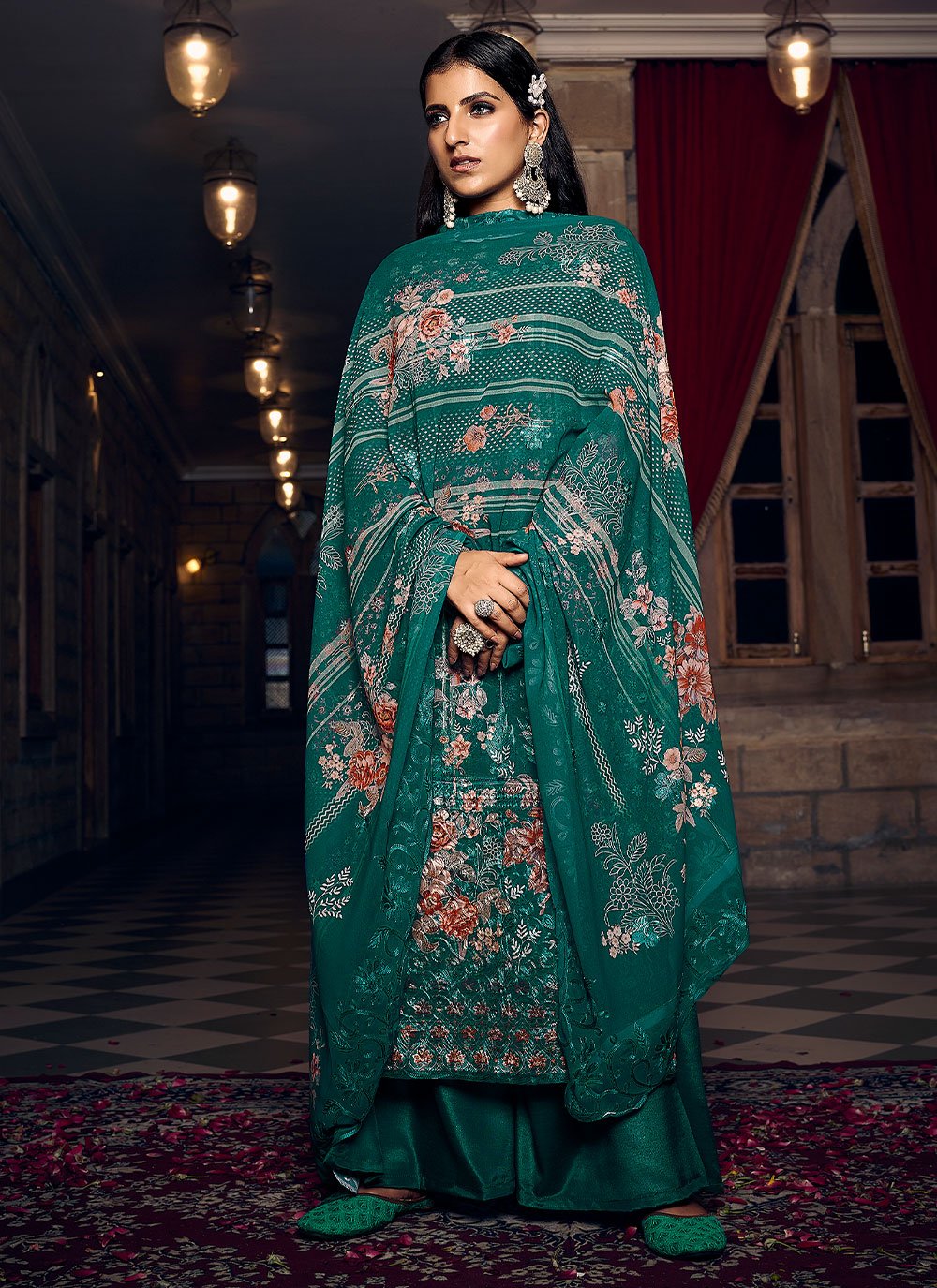 Palazzo Salwar Suit Georgette Teal Digital Print Salwar Kameez