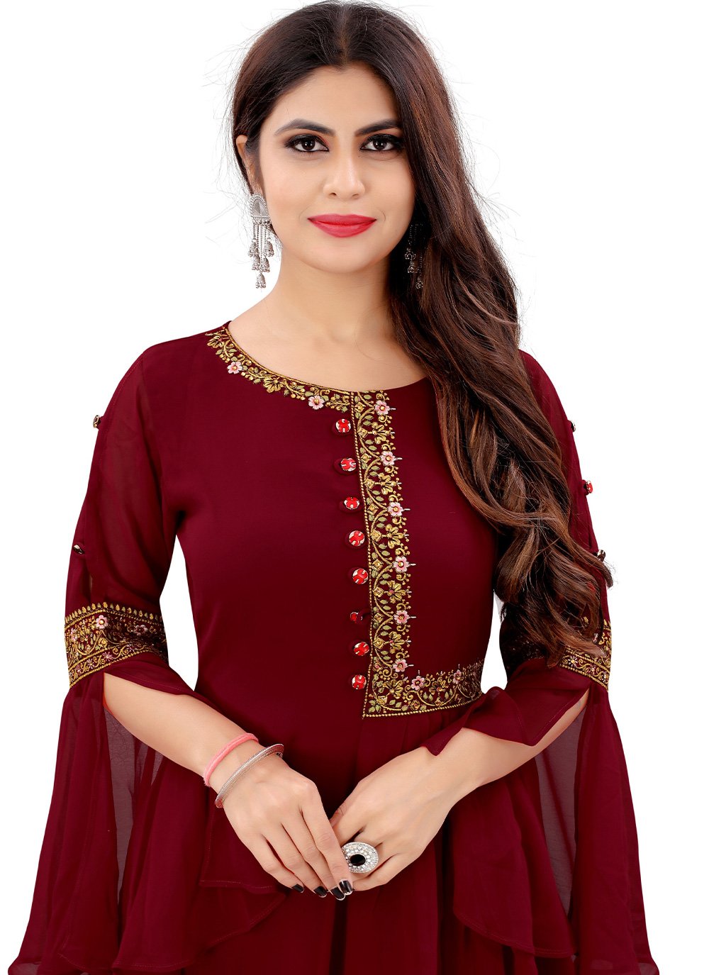 Gown Georgette Maroon Embroidered Gown