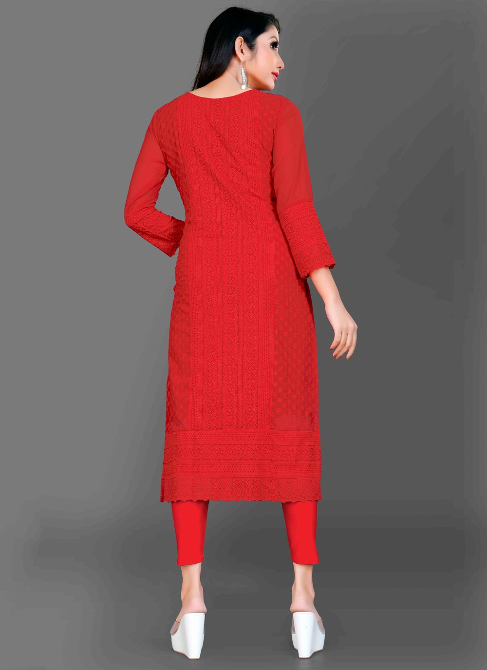 Designer Kurti Chiffon Georgette Red Embroidered Kurtis
