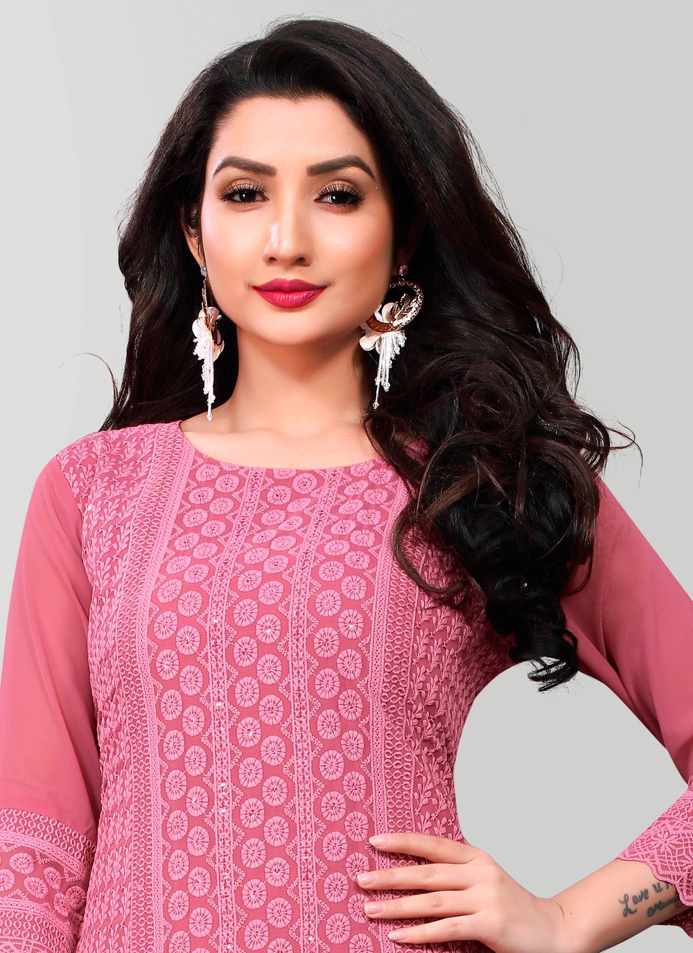 Designer Kurti Chiffon Georgette Pink Embroidered Kurtis