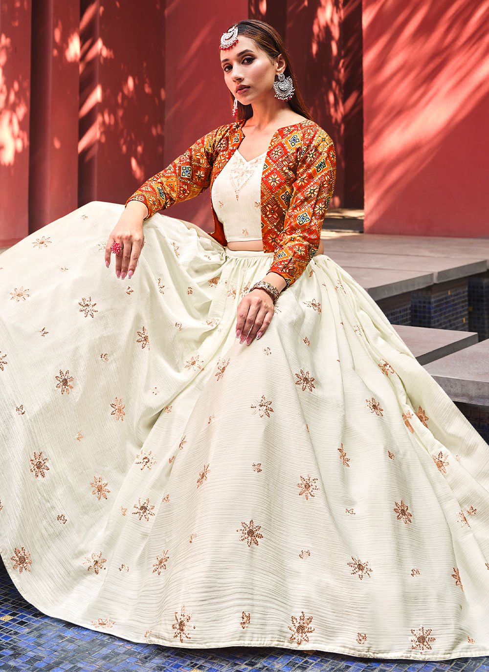 A Line Lehenga Chiffon Off White Embroidered Lehenga Choli