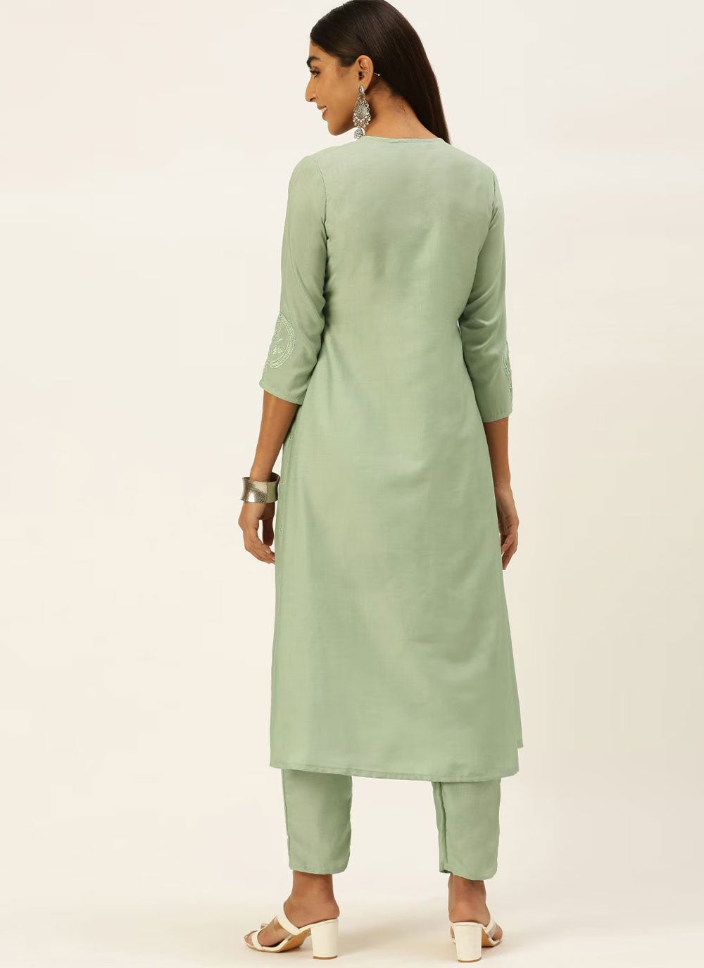 Designer Kurti Chinon Sea Green Embroidered Kurtis
