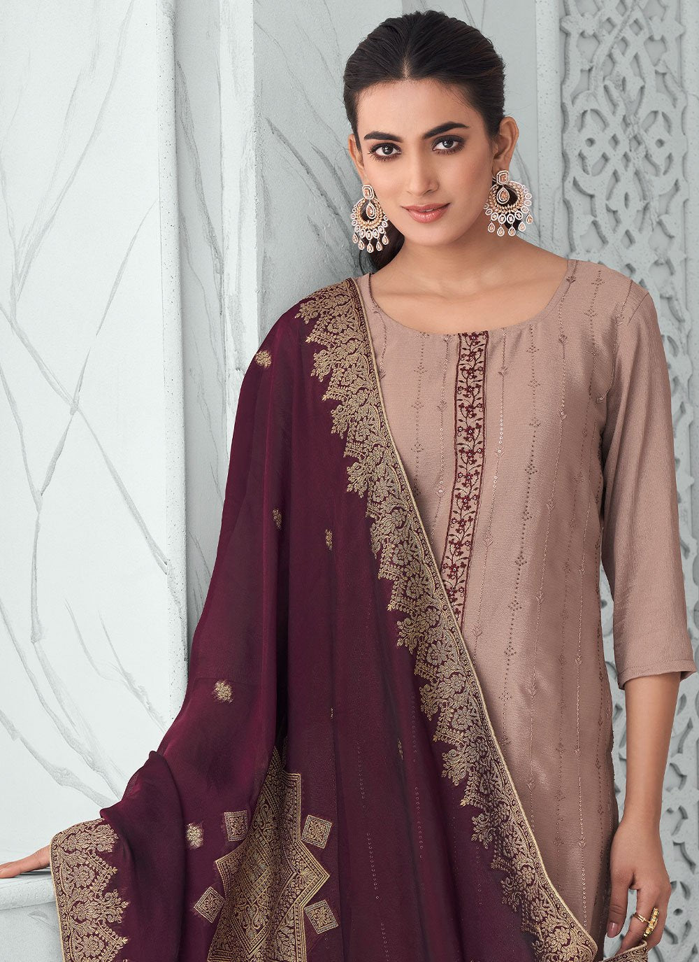 Straight Salwar Suit Chinon Mauve Embroidered Salwar Kameez