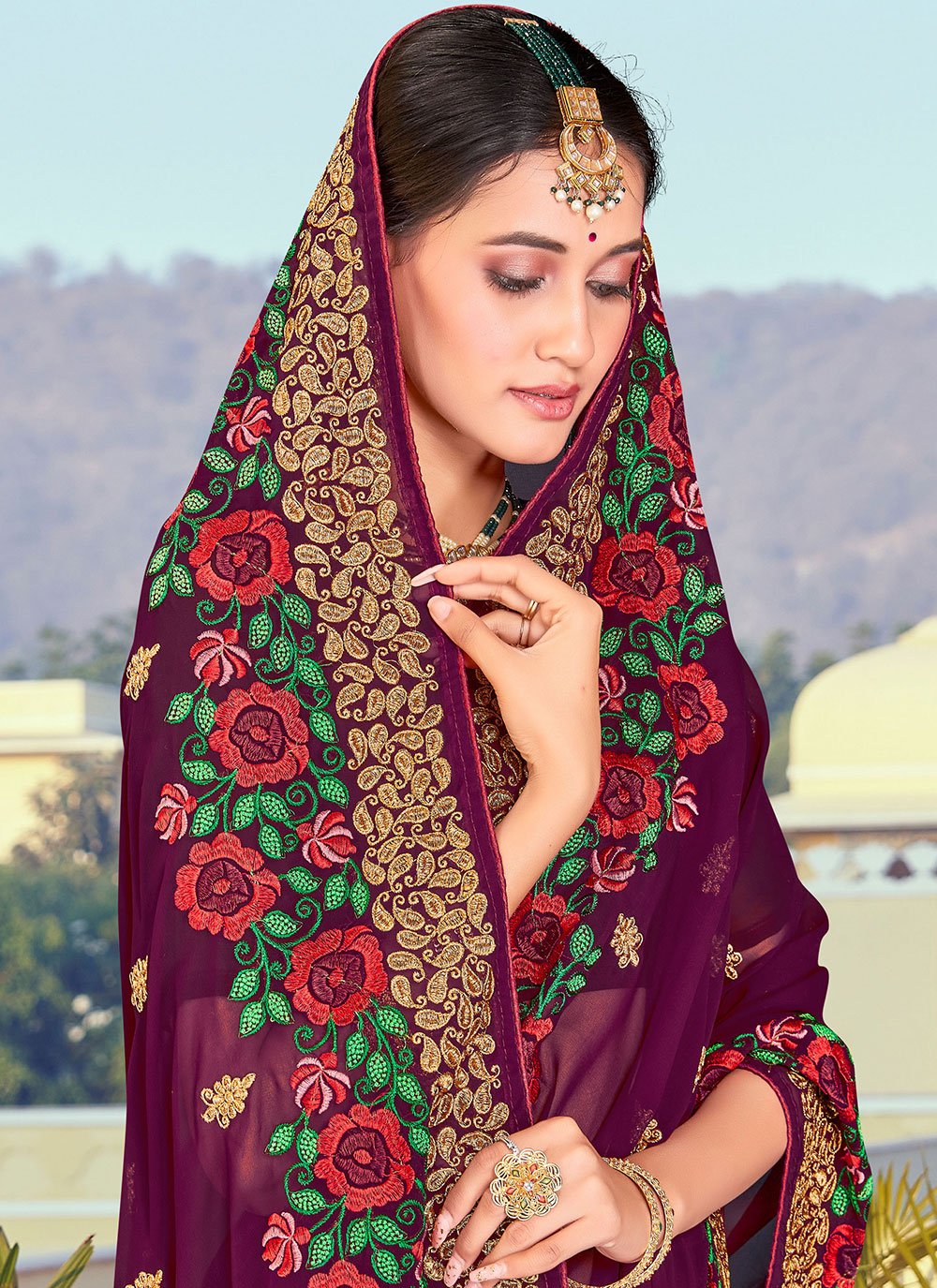 Contemporary Georgette Wine Embroidered Saree