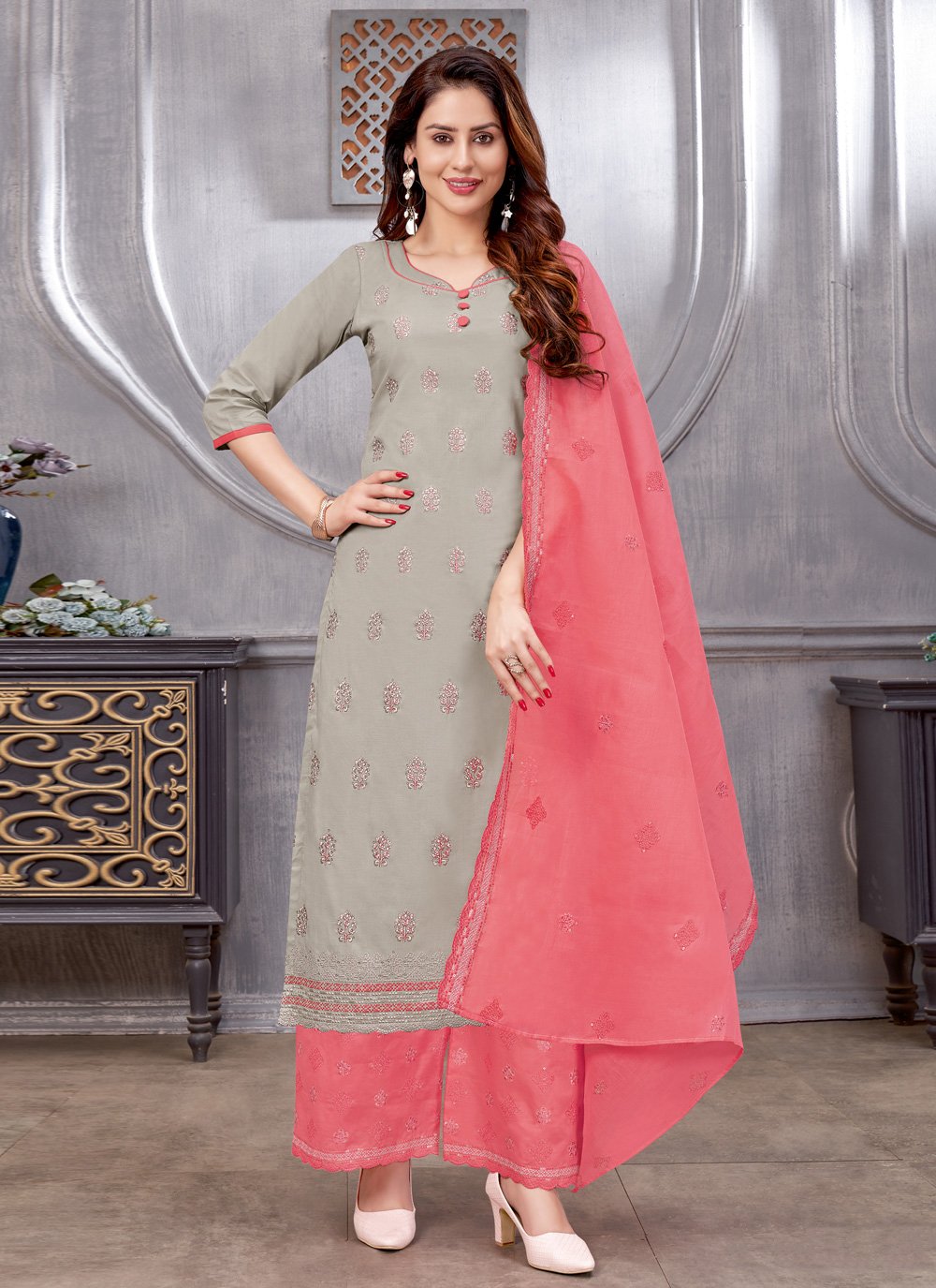Palazzo Salwar Suit Cotton Grey Embroidered Salwar Kameez