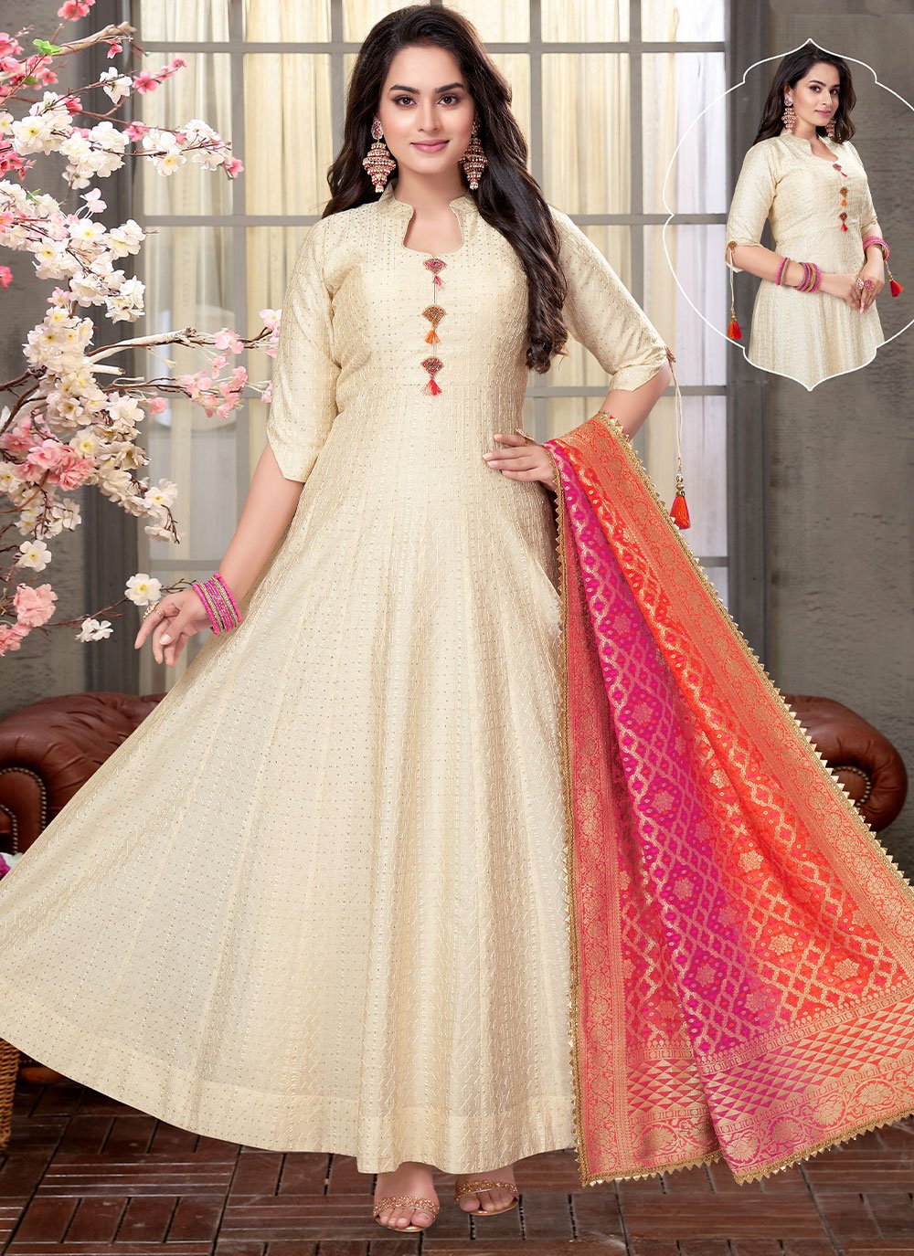 Salwar Suit Silk Cream Embroidered Salwar Kameez