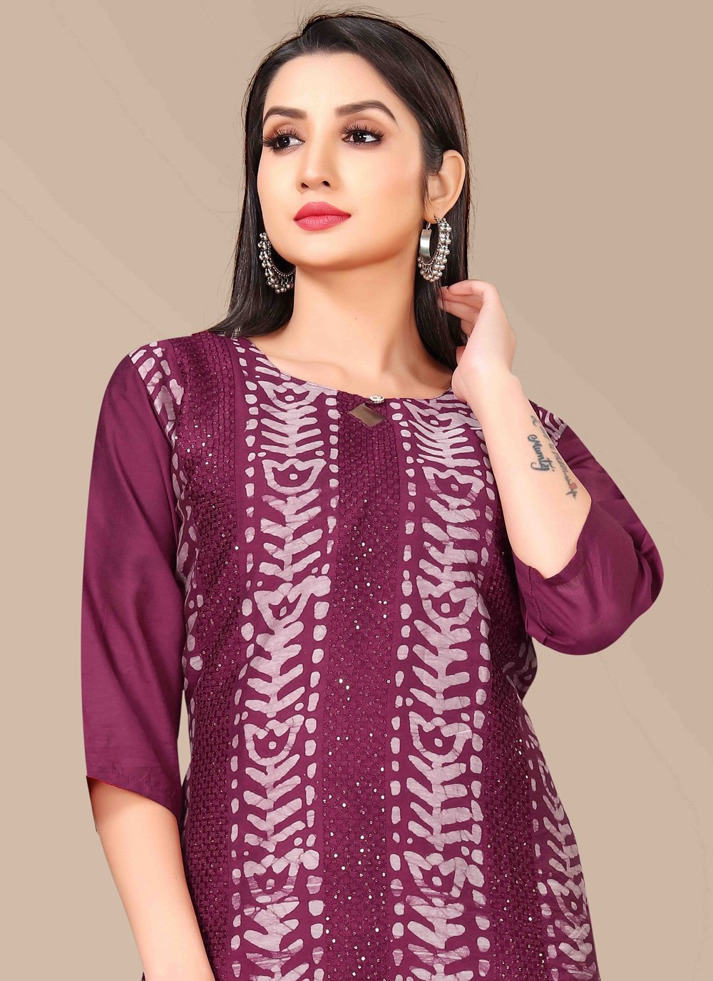 Designer Kurti Chanderi Wine Embroidered Kurtis