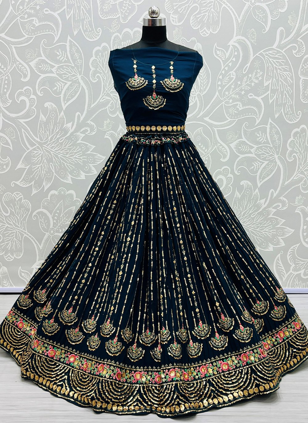 Lehenga Choli Georgette Teal Embroidered Lehenga Choli