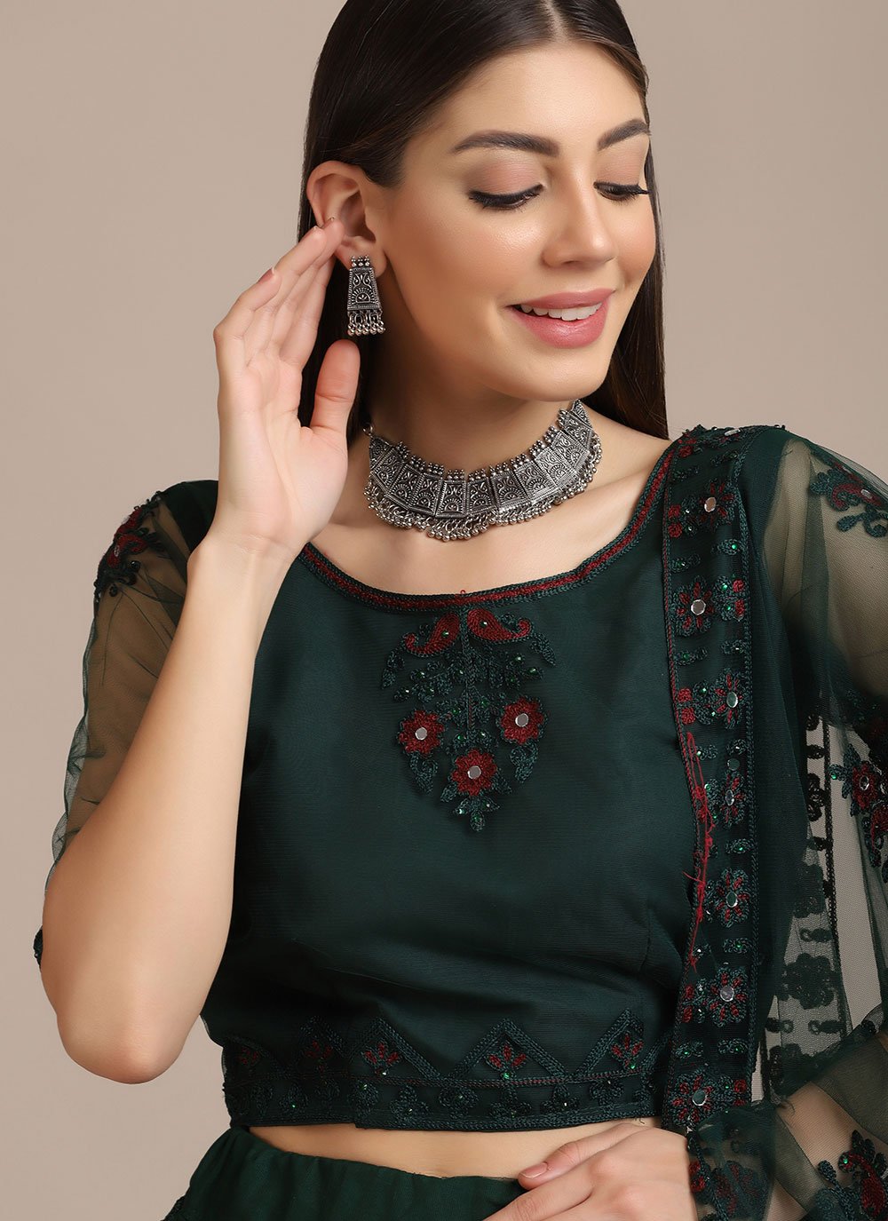 Lehenga Choli Net Green Embroidered Lehenga Choli