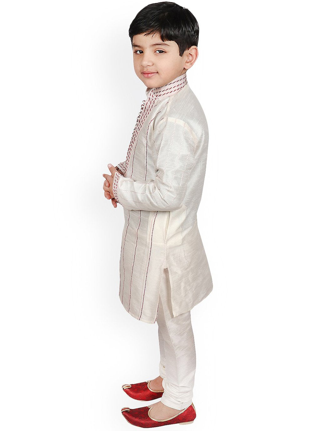 Kurta Pyjama Dupion Silk White Embroidered Kids