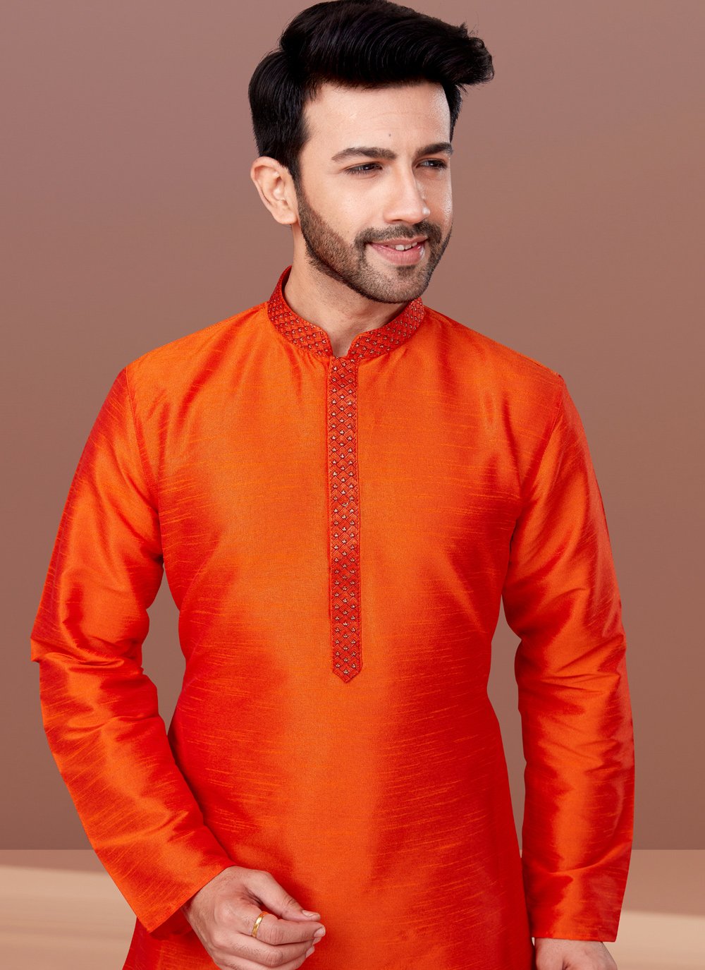 Kurta Pyjama Dupion Silk Orange Embroidered Mens