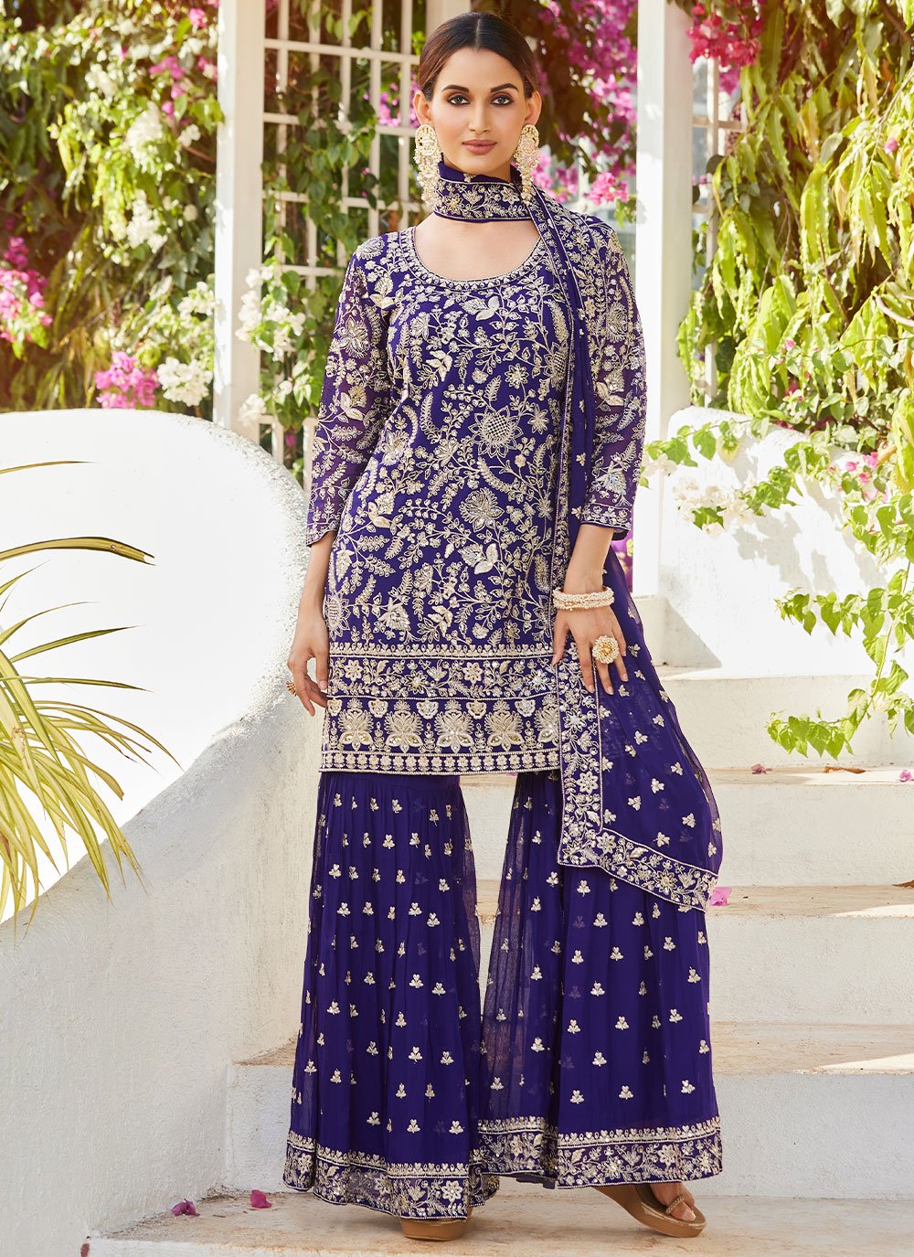 Palazzo Salwar Suit Georgette Blue Embroidered Salwar Kameez