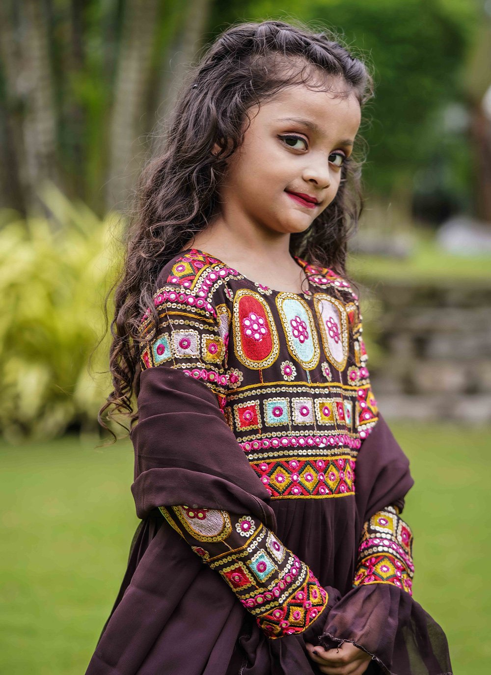 Gown Faux Georgette Brown Embroidered Kids