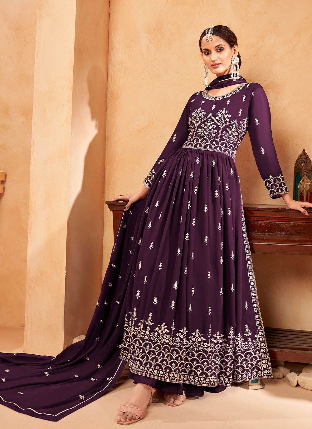 Palazzo Salwar Suit Faux Georgette Purple Embroidered Salwar Kameez