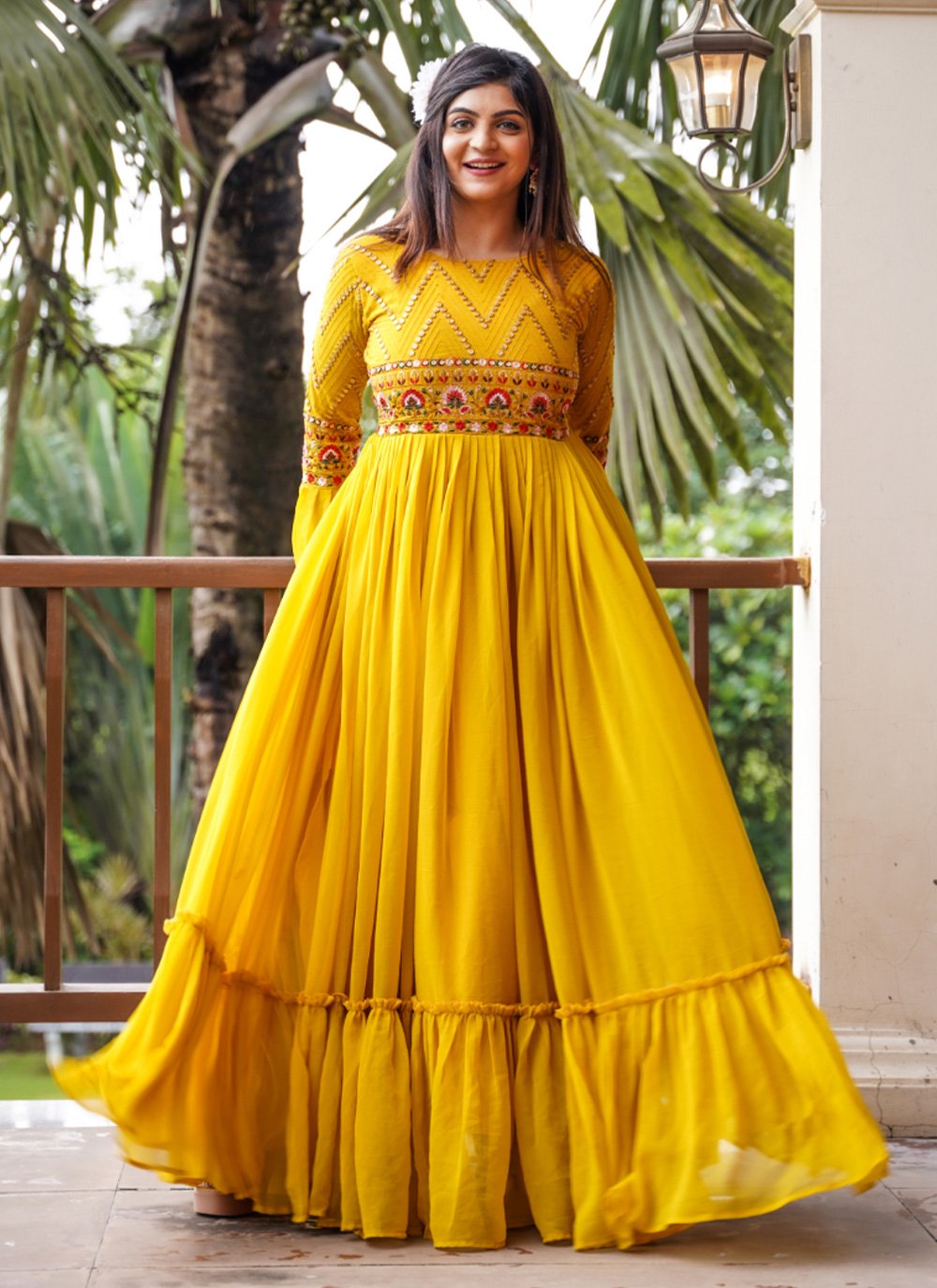 Gown Faux Georgette Yellow Embroidered Gown