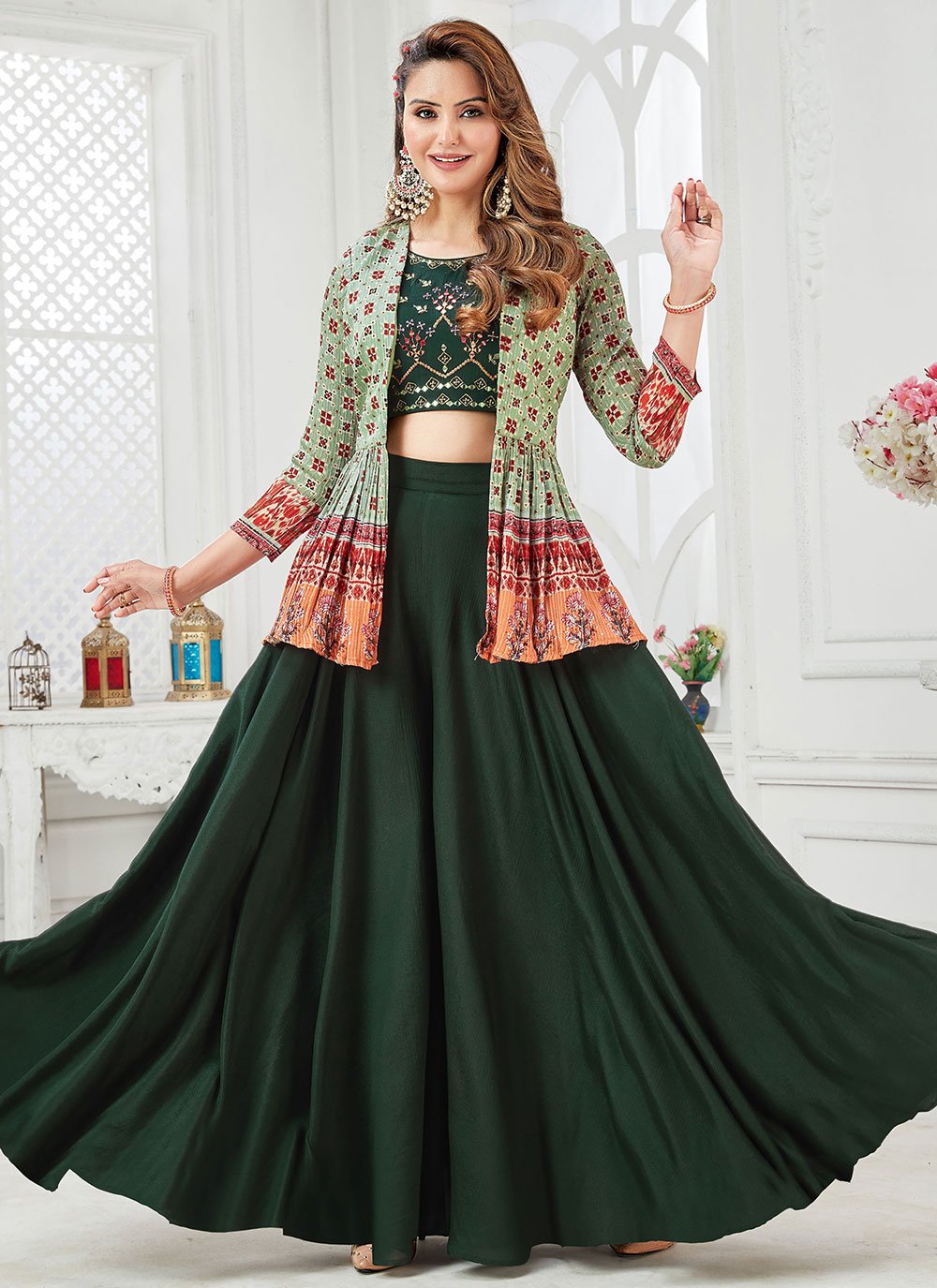 A Line Lehenga Chinon Green Embroidered Lehenga Choli