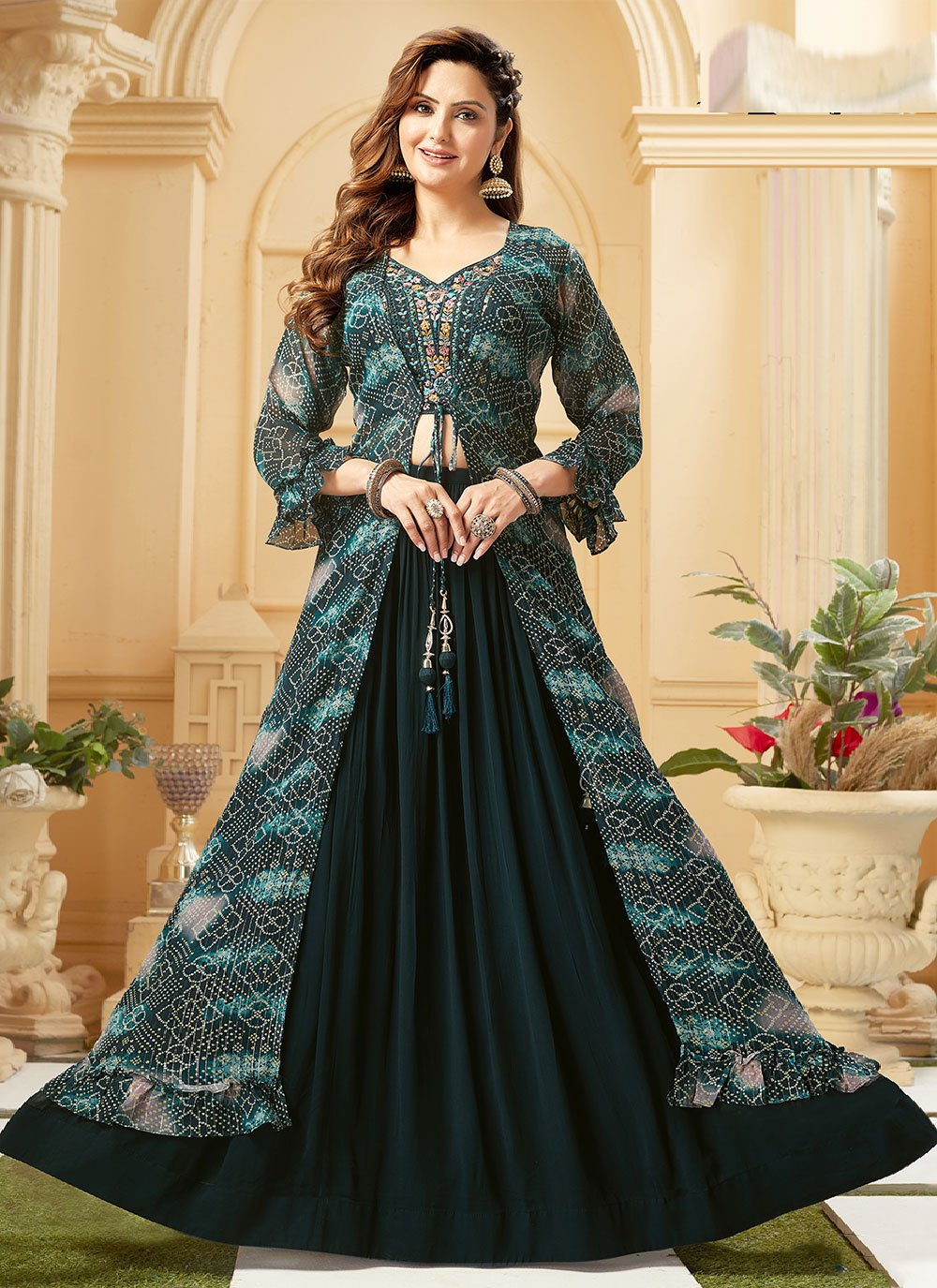A Line Lehenga Georgette Silk Teal Embroidered Lehenga Choli