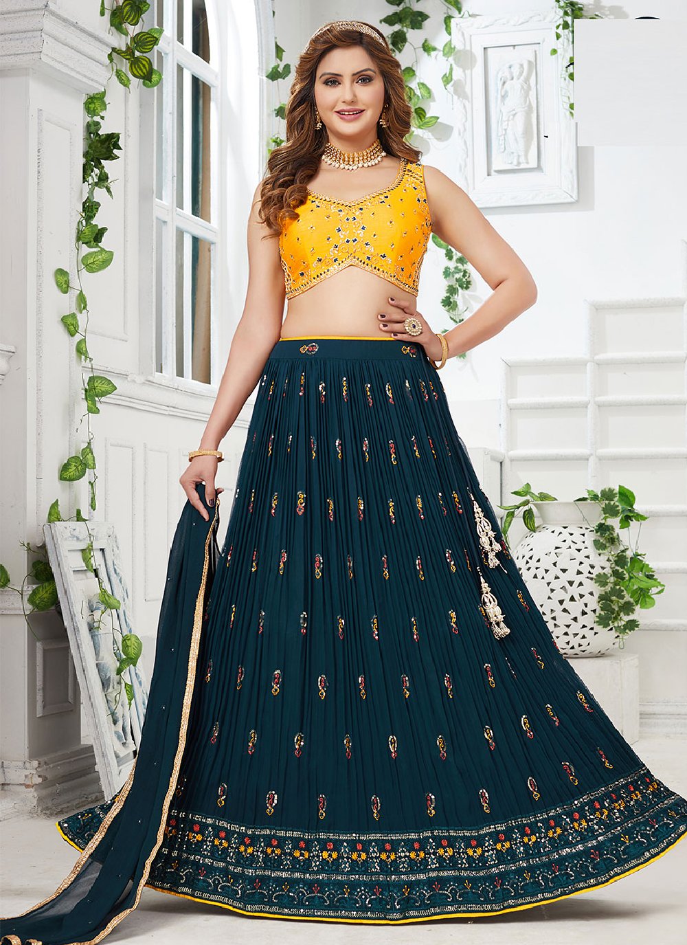 A Line Lehenga Georgette Teal Embroidered Lehenga Choli
