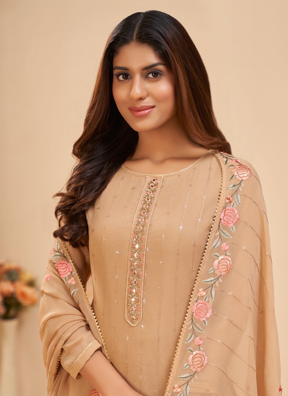 Palazzo Salwar Suit Georgette Beige Embroidered Salwar Kameez
