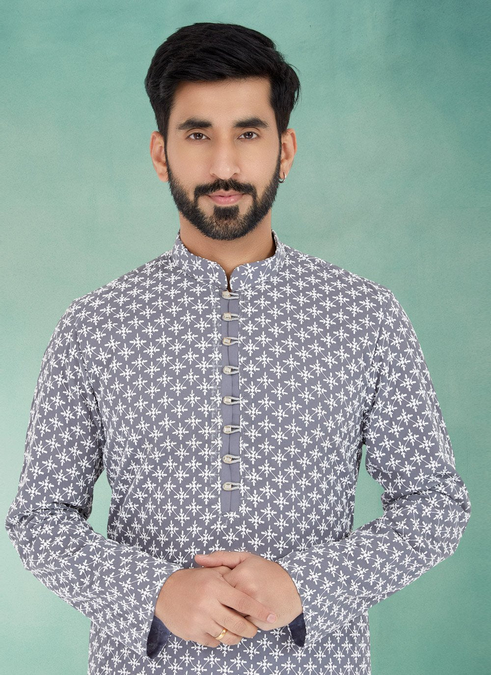 Kurta Pyjama Georgette Grey Embroidered Mens